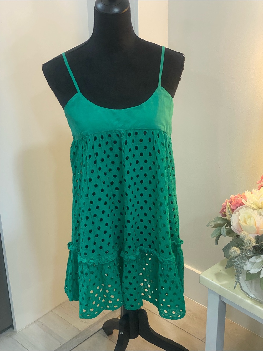 Green Eyelet Spaghetti-Strap Tunic Top